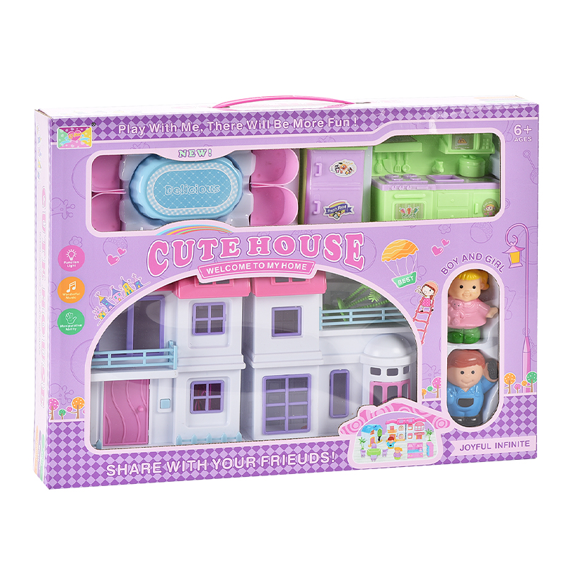 299toys Hot selling plastic children play square house lighting villa with boys and girls dolls toys