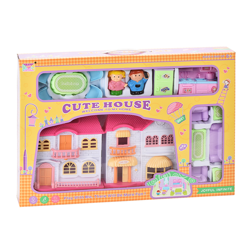 301toys Popular plastic children play house with 2 lights villa with male and female dolls