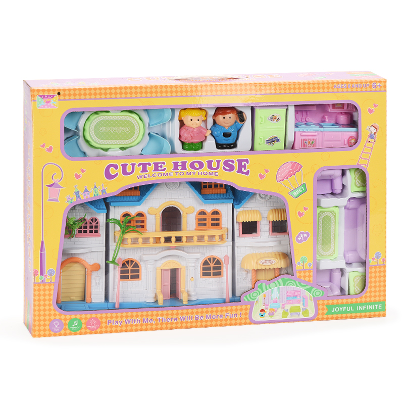 302toys Hot selling electric plastic children play house with 3 lights villa with male and female