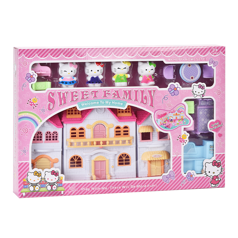 304toys Hot selling electric plastic children play house with 3 lights villa with KT cat toys 